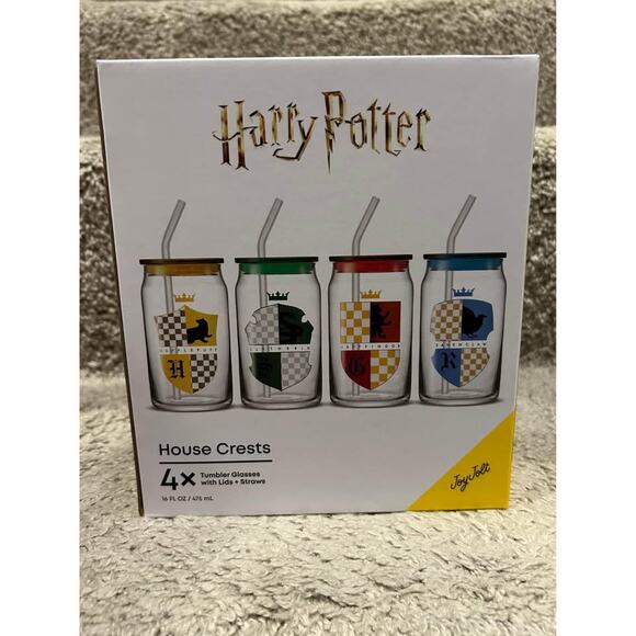 Harry Potter Pop Can Glasses with Lids and Straws - House Crests - BRAND NEW - Picture 1 of 6
